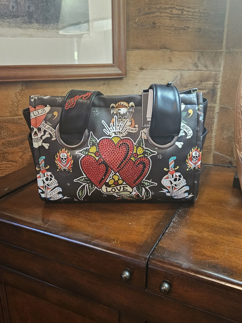 Ed Hardy Black 'Love Hearts' Tattoo Print Satchel